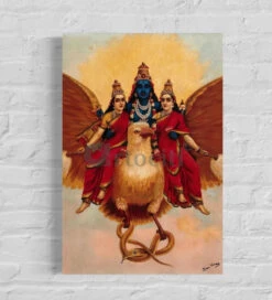 Vishnu On Garuda With His Consorts By Raja Ravi Varma - Famous Canvas Painting(Vishnu On Garuda With His Consorts By Raja Ravi Varma Famous Canvas Painting)