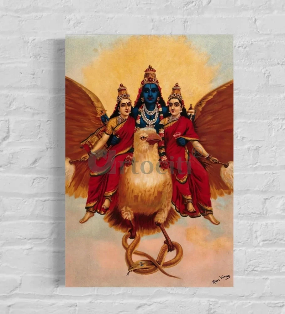 Vishnu On Garuda With His Consorts By Raja Ravi Varma - Famous Canvas Painting(Vishnu On Garuda With His Consorts By Raja Ravi Varma Famous Canvas Painting) 3 Vishnu On Garuda With His Consorts By Raja Ravi Varma - Famous Canvas Painting(Vishnu On Garuda With His Consorts By Raja Ravi Varma Famous Canvas Painting)