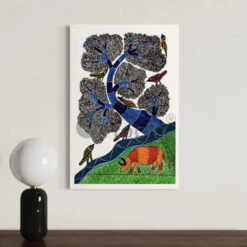 Whimsical Harmony Bird And Tree Gond Art Canvas Print(Whimsical Harmony Bird And Tree Gond Art Canvas Print Tradional Gond Tribal Arts)