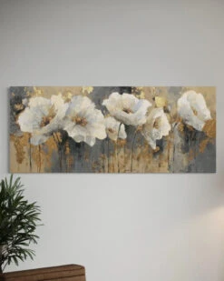 White Floral Design With Gold Accents Modern Abstract Canvas Painting(White Floral Design With Gold Accents Modern Abstract Canvas Painting)
