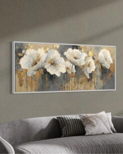 White Floral Design With Gold Accents Modern Abstract Canvas Painting(White Floral Design With Gold Accents Modern Abstract Canvas Painting) 15 White Floral Design With Gold Accents Modern Abstract Canvas Painting(White Floral Design With Gold Accents Modern Abstract Canvas Painting) -Artociti Sale Store white floral design with gold accents modern abstract canvas painting 72x30 floating frame 497