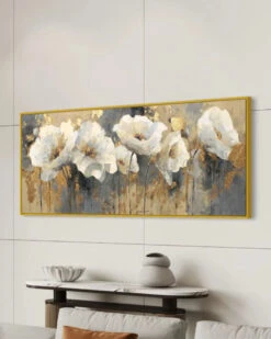 White Floral Design With Gold Accents Modern Abstract Canvas Painting(White Floral Design With Gold Accents Modern Abstract Canvas Painting) 16 White Floral Design With Gold Accents Modern Abstract Canvas Painting(White Floral Design With Gold Accents Modern Abstract Canvas Painting) -Artociti Sale Store white floral design with gold accents modern abstract canvas painting 72x30 floating frame golden 317